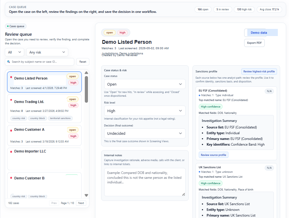 Cases screenshot for risk review and decisions.
