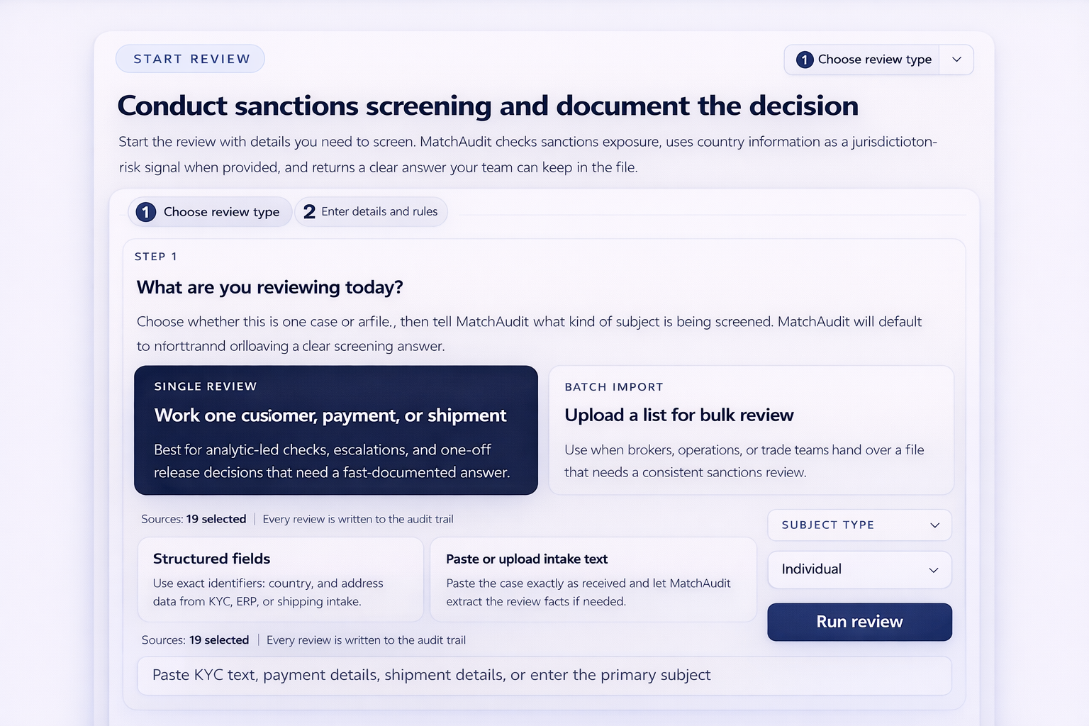 Start Review panel showing sanctions screening intake, review controls, and decision-ready output.