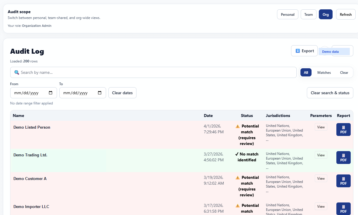 MatchAudit audit log screenshot showing structured evidence records.