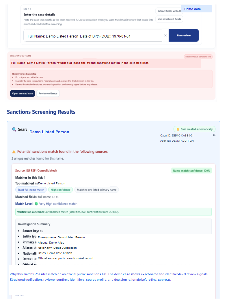 MatchAudit AI-assisted case review screenshot showing review guidance for human decision makers.